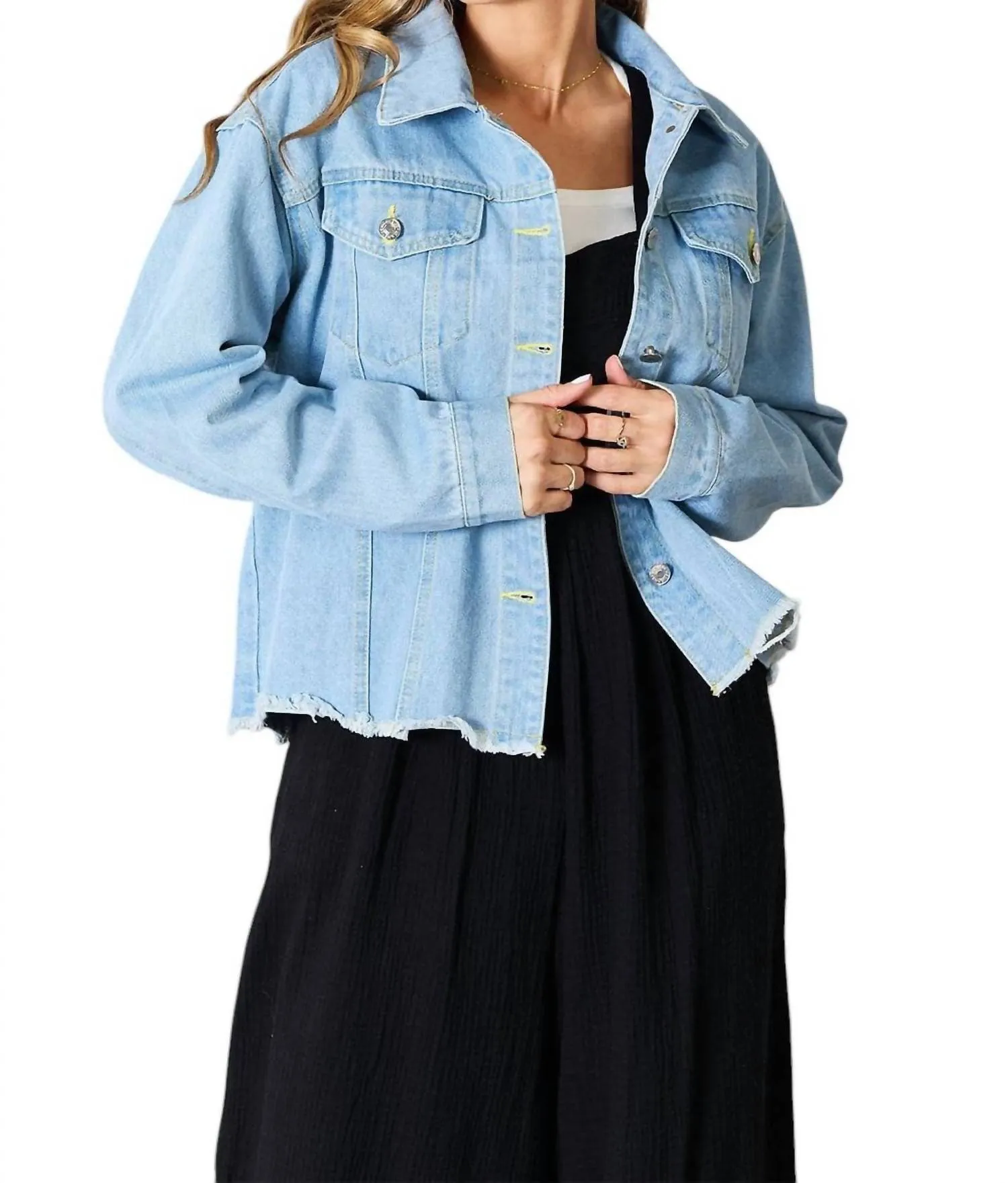 Trendy Denim Jacket With Raw Hem In Light Blue
