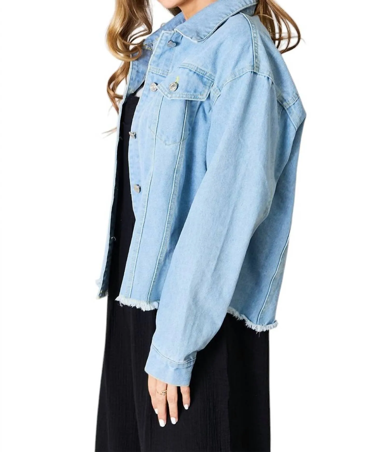 Trendy Denim Jacket With Raw Hem In Light Blue