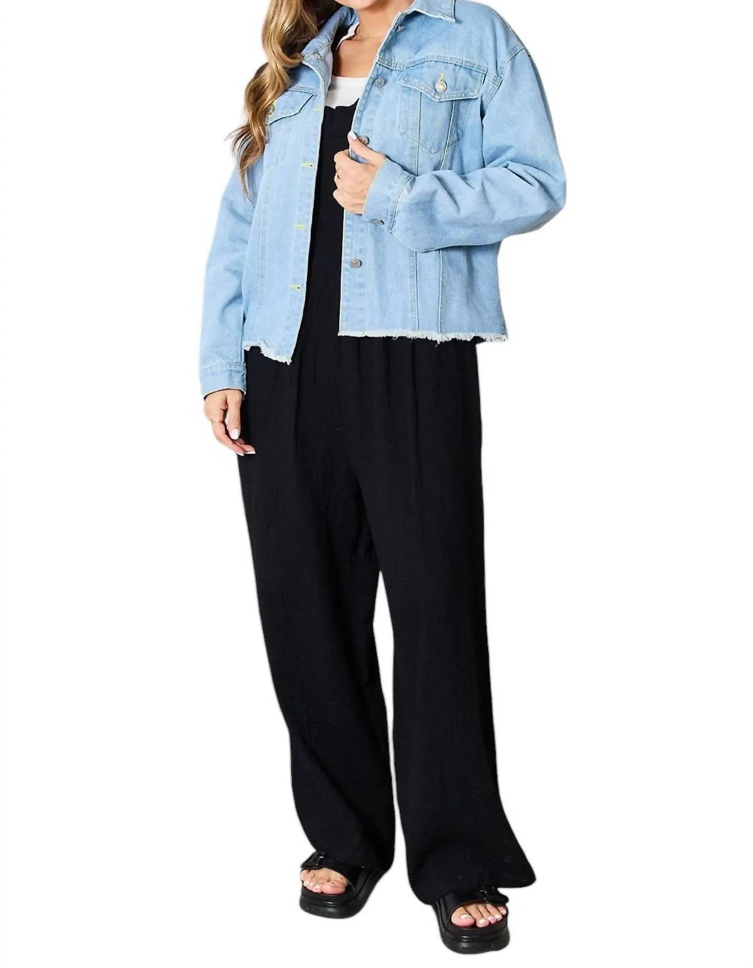 Trendy Denim Jacket With Raw Hem In Light Blue