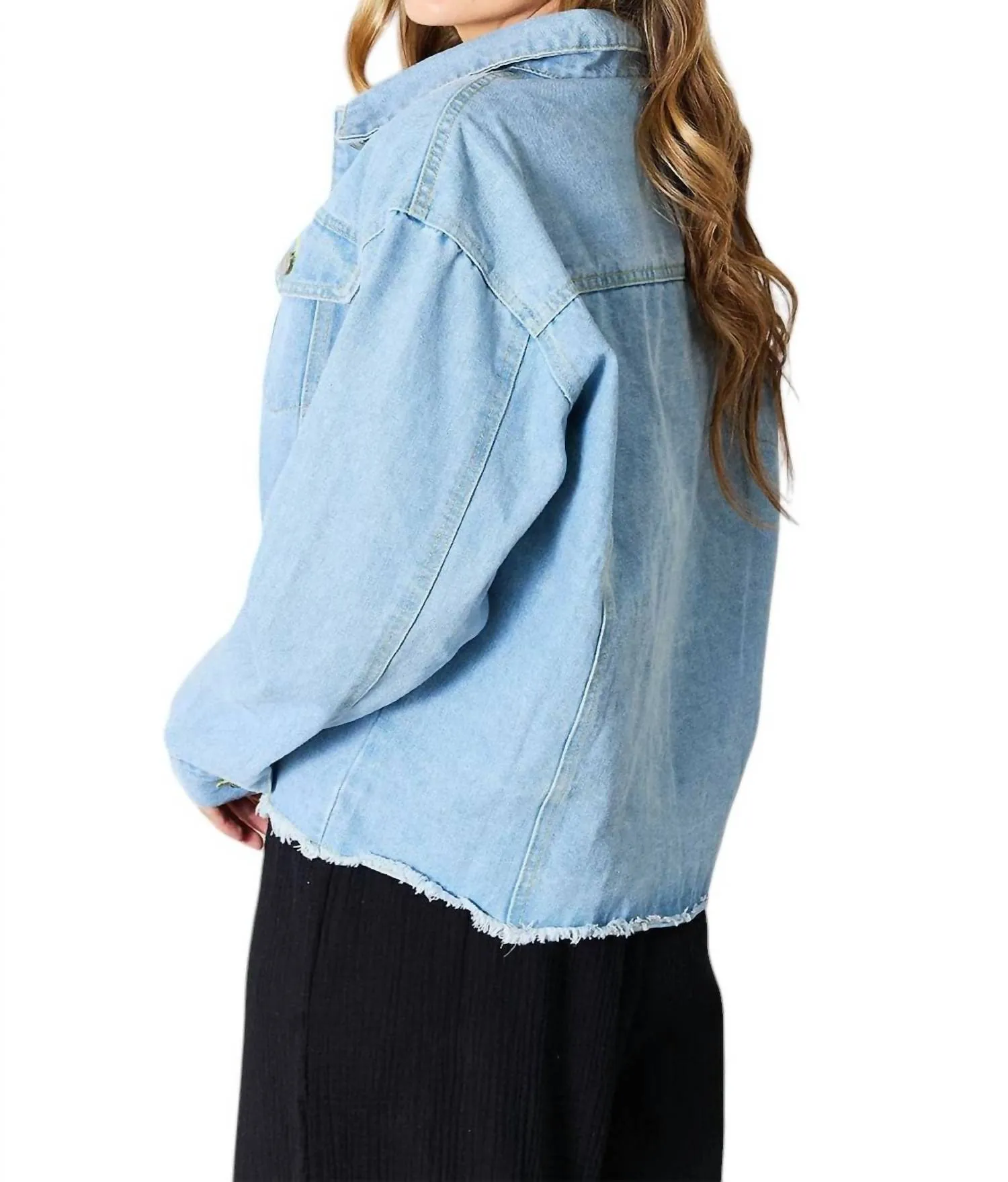 Trendy Denim Jacket With Raw Hem In Light Blue