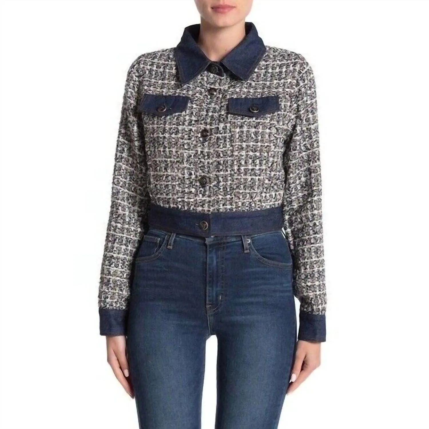 Tweed Glitter Contrast Denim Crop Jacket In Blue