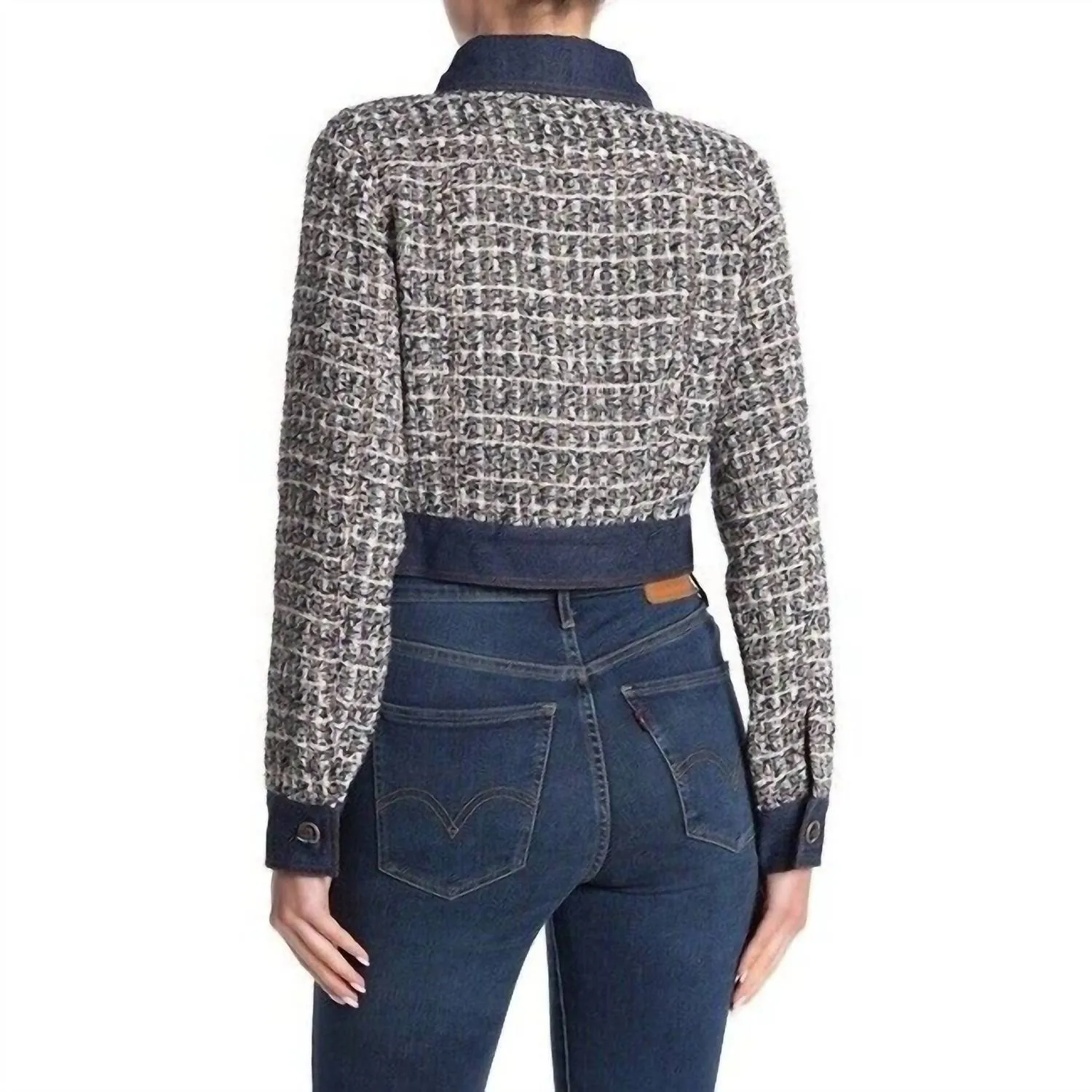 Tweed Glitter Contrast Denim Crop Jacket In Blue