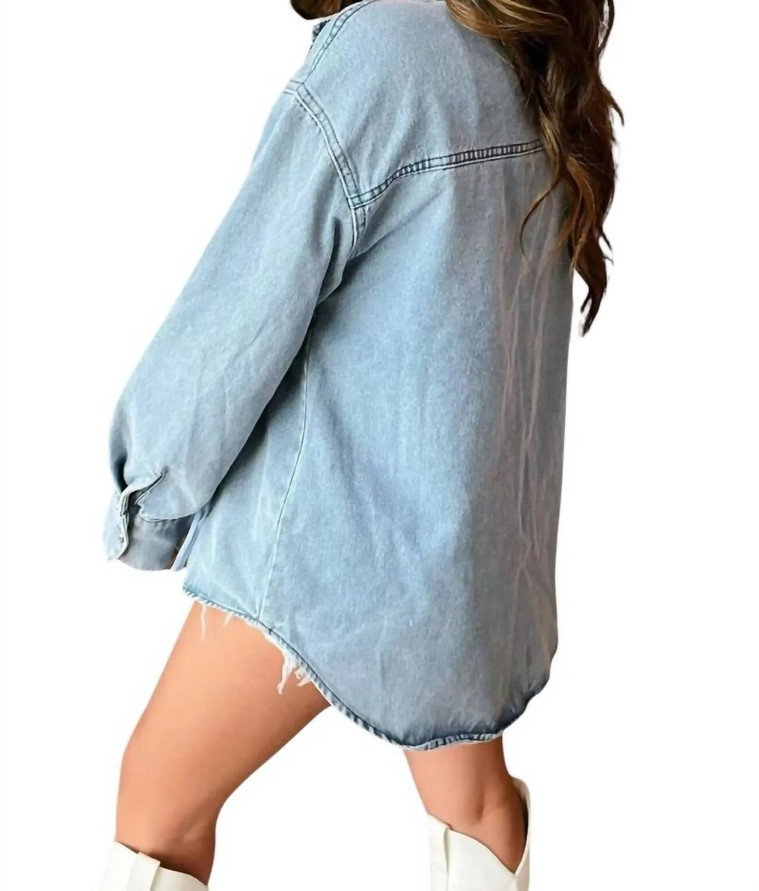 Tyra Double Fringe Denim Shacket In Lightwash Denim