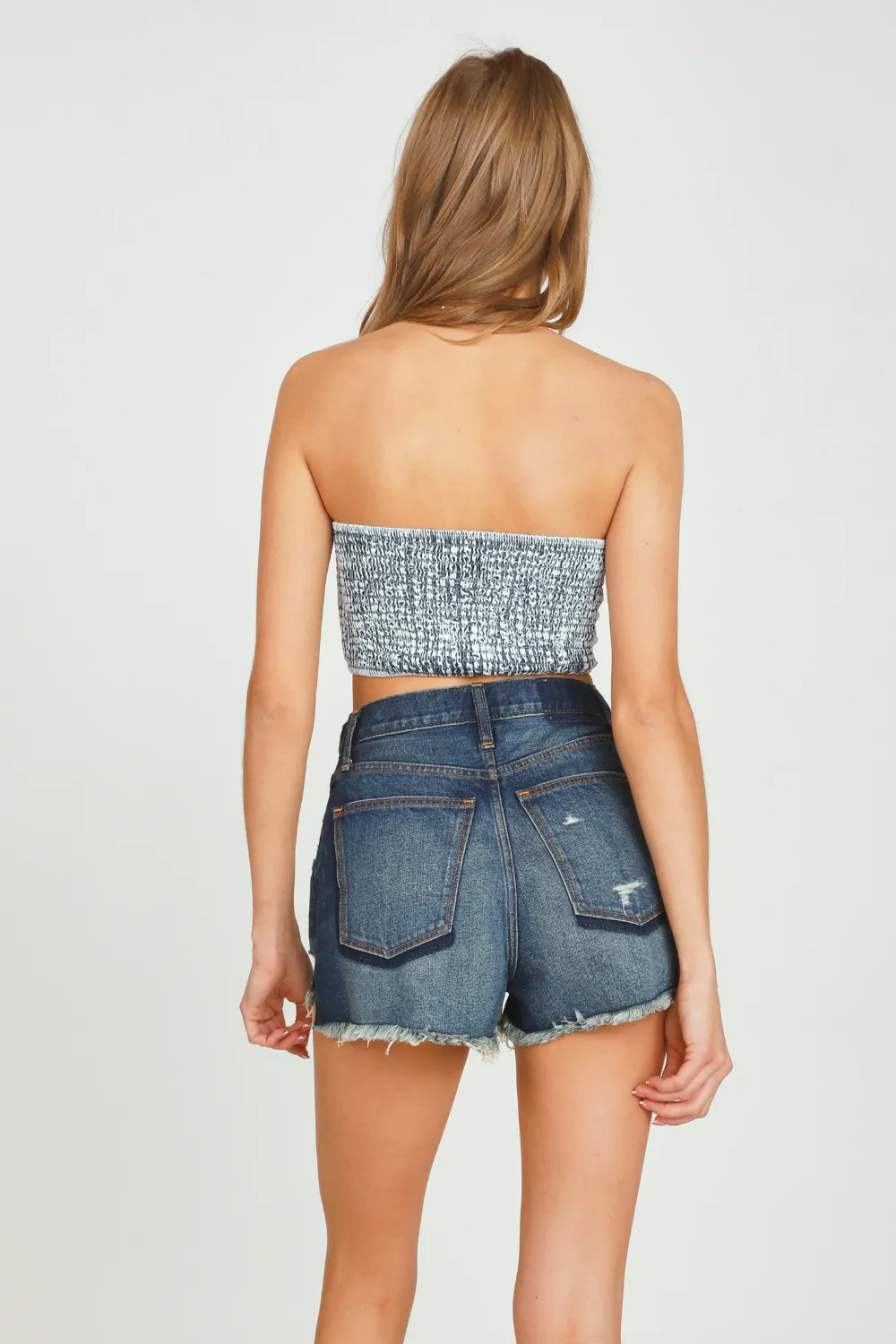 Washed Denim Tie Front  Bandeau Top