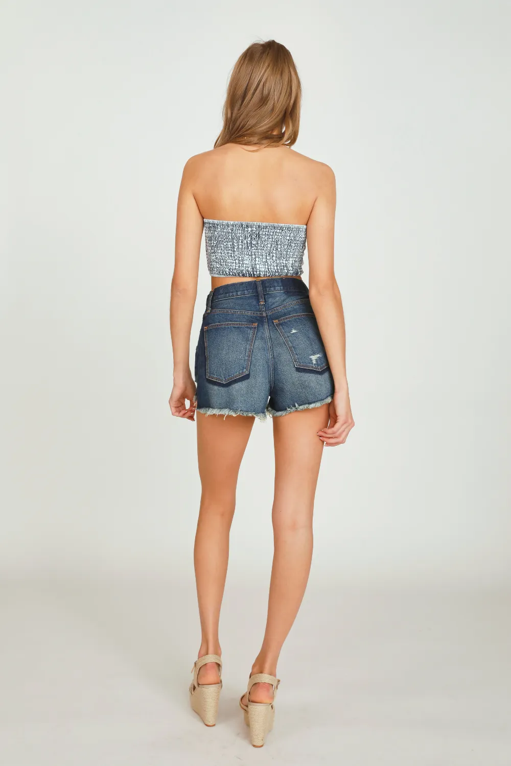 Washed Denim Tie Front  Bandeau Top