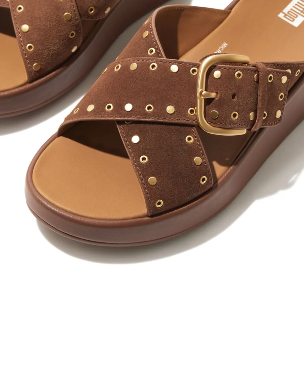 Womens Fitflop Shoes Fitflop F-Mode Buckle Stud Suede Flatform Cross Slide Brown