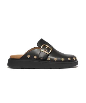 Womens Fitflop Shoes Fitflop Gen-FF Buckle Flat-Stud Leather Mule Black