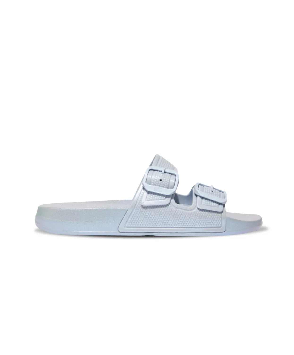 Womens Fitflop Shoes FitFlop iQushion Pearlized Two Bar Buckle Slides Blue