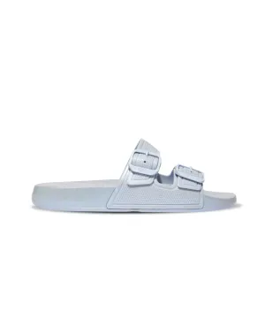 Womens Fitflop Shoes FitFlop iQushion Pearlized Two Bar Buckle Slides Blue
