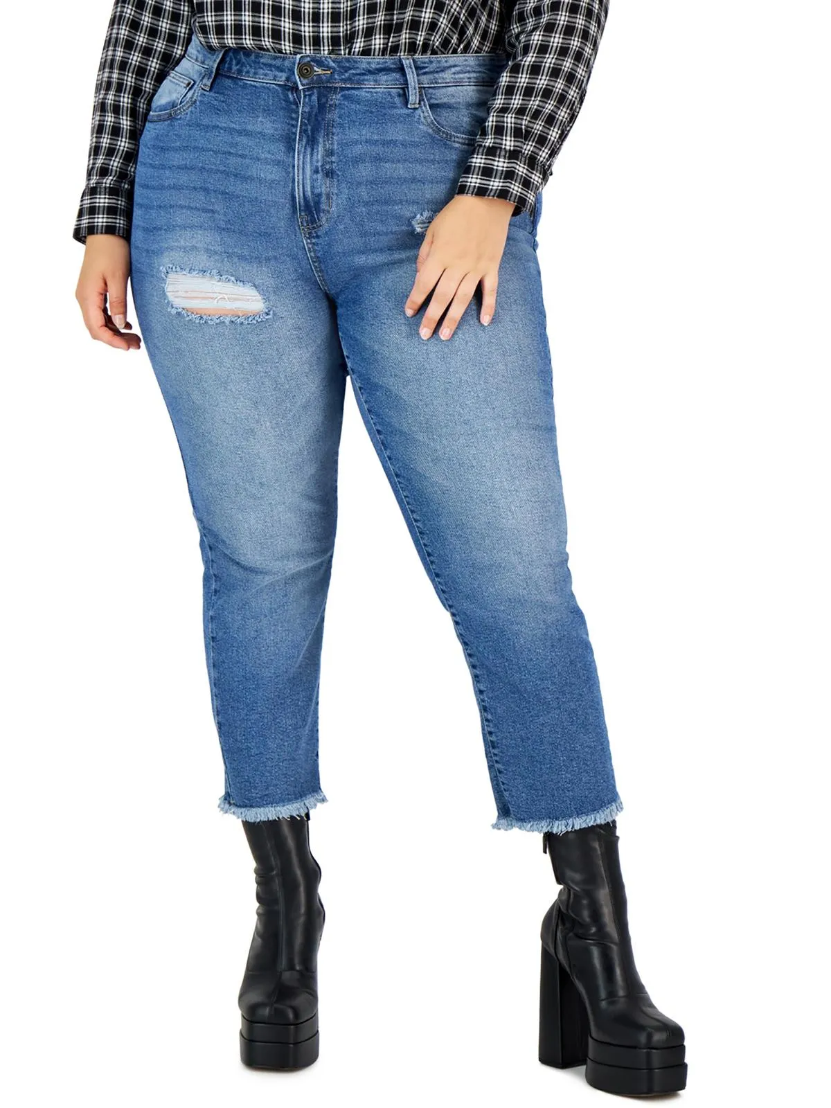 Womens High Rise Frayed Hem Straight Leg Jeans