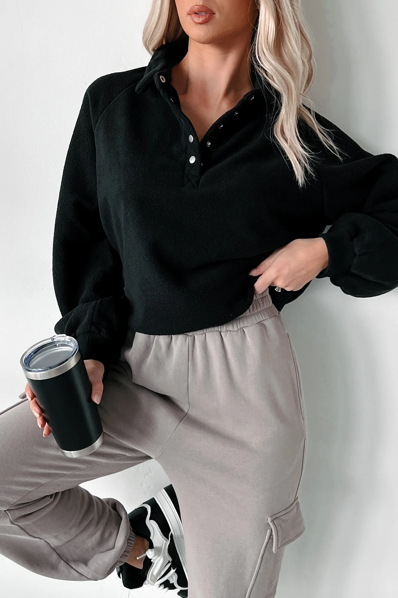 Working Remotely Fleece Pullover Top (Black)